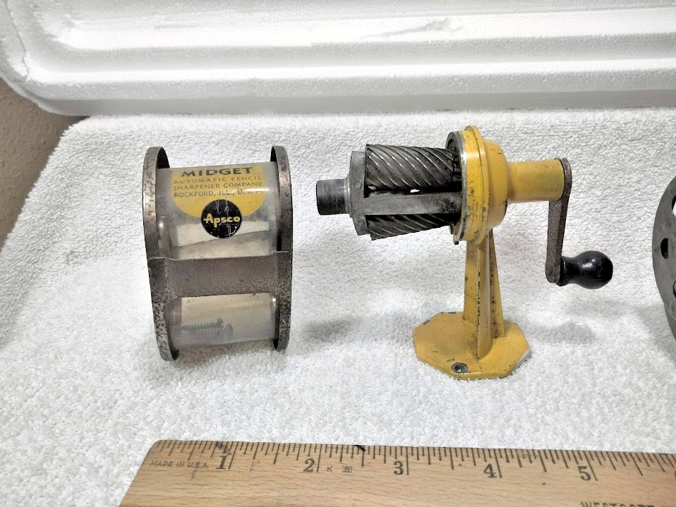 Antique Apsco GIANT & MIDGET Metal Automatic Hand Crank Pencil Sharpener Bundle