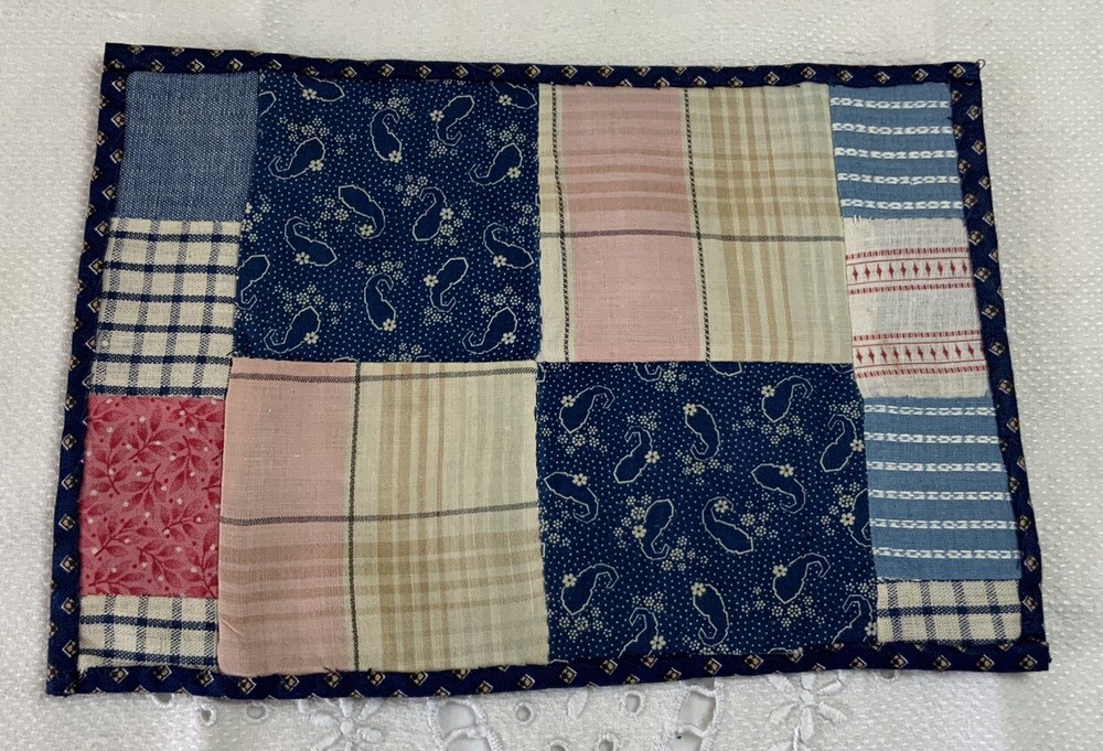 Vintage Patchwork Quilt Table Topper Or Doll Quilt, 4 Patch, Blue
