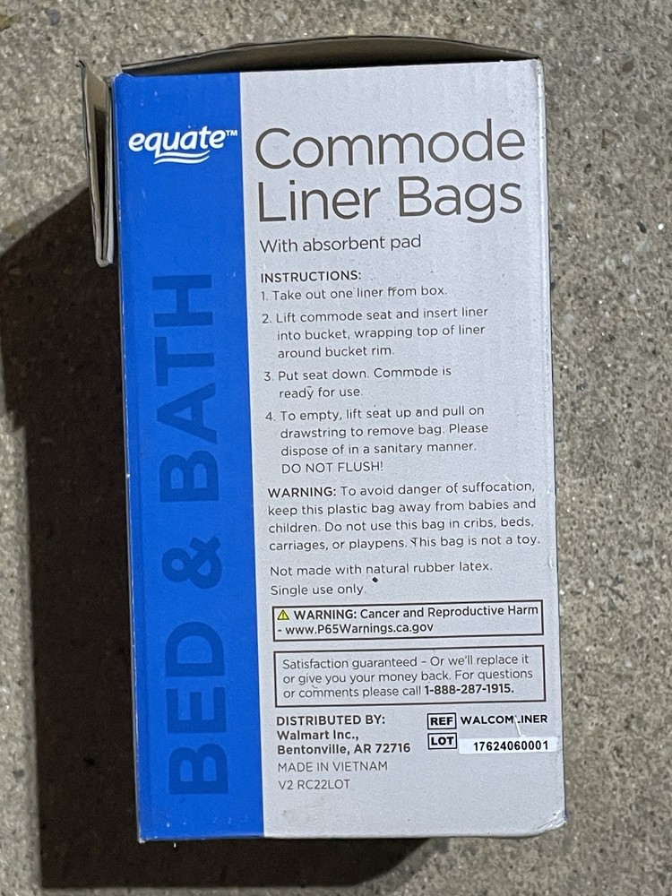 Equate Commode Liner Bags w/ Absorbent Pad 12 Liners Per Box Disposable Refill