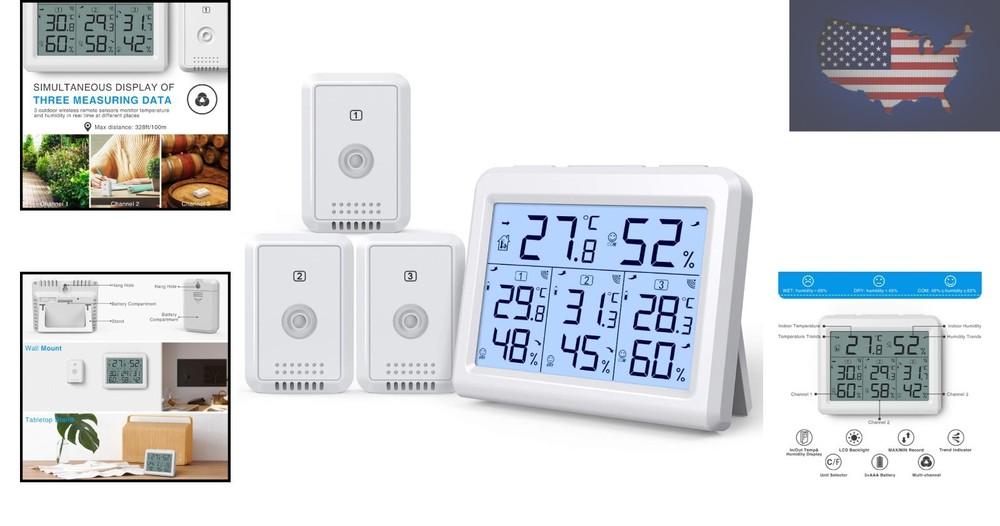 Effortless 3-Channel Hygrometer and Thermometer with Backlight and LCD Display
