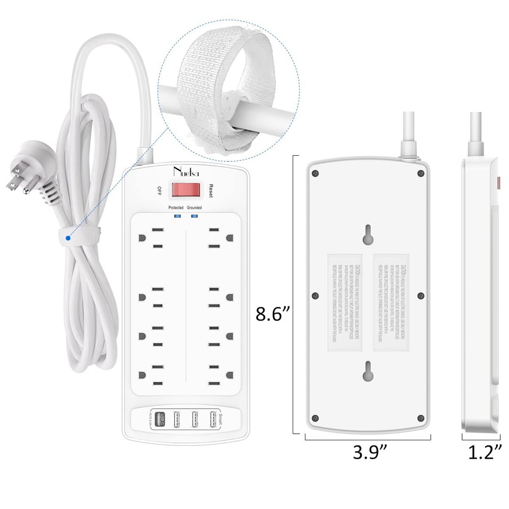Surge Protector Power Strip - Nuetsa Flat Plug Extension Cord 10 Ft, White