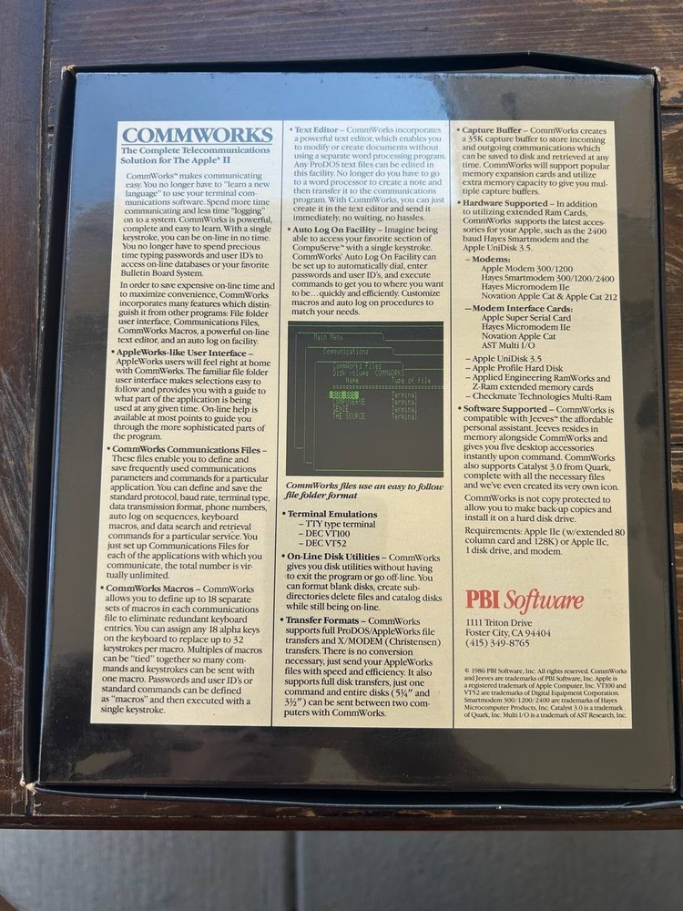 COMMWORKS PBI software Apple II Macintosh. Tlecommunications Solution 1986 year