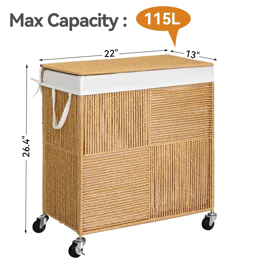 Double Laundry Hamper with Lid, Handwoven Rolling Laundry Basket with Wheels,...