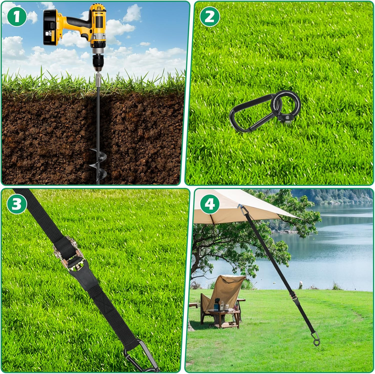 Ground Anchors, 4 Pack 18" RV Awning Tie down Kit, Shed Anchor Kit, Screw garden