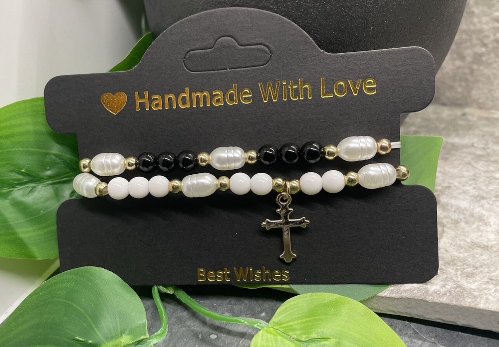 2 PC Boho Beaded Stackable 6” Plus Stretch Charm Bracelet Set Cross B3901