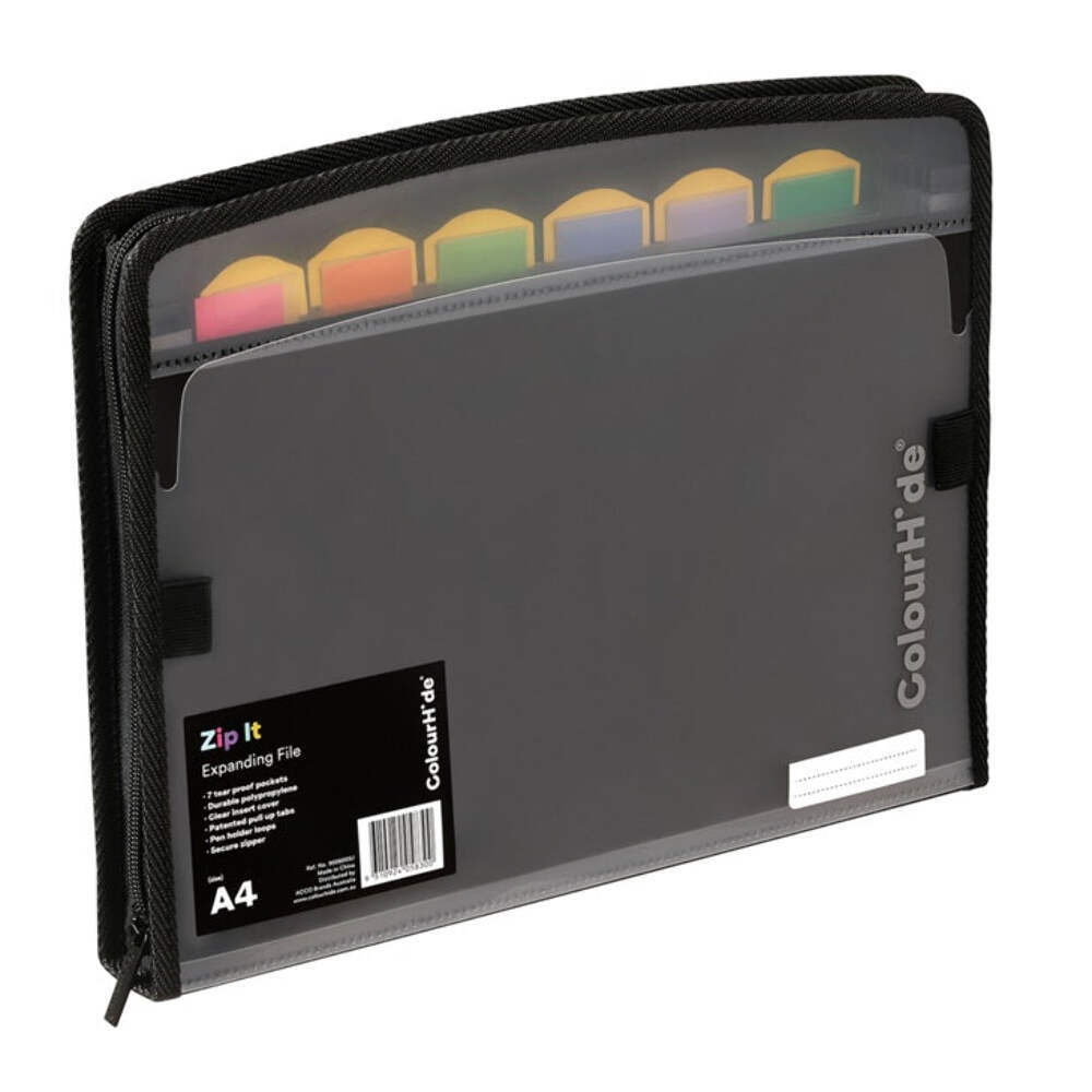 NEW Colourhide Zipit PP Expanding File 7 Pocket A4 Black Folder
