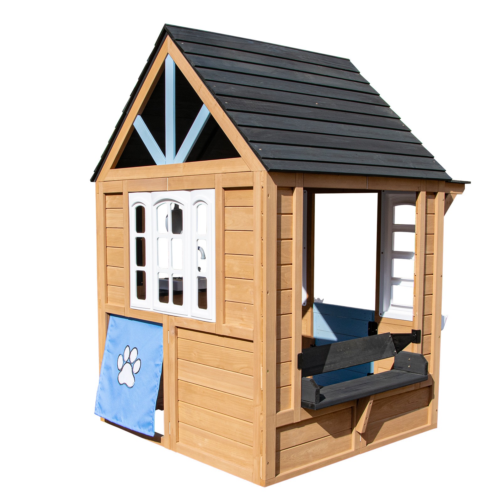 Wooden Kids Outdoor Playhouse with Window,Bench,Toy Kitchen,Flowerpot,Blackboard