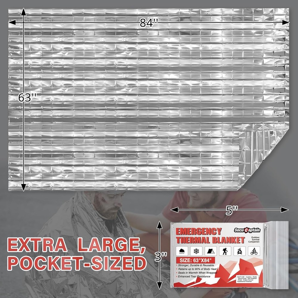SecuCaptain Survival Emergency Thermal Blankets: Extra Large 84” x63” Space