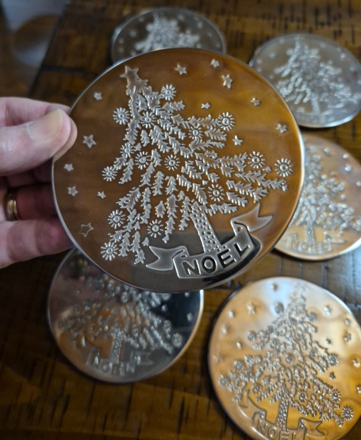 Vintage Godinger NOEL SILVER PLATED COASTERS 6 CHRISTMAS TREES coasters only