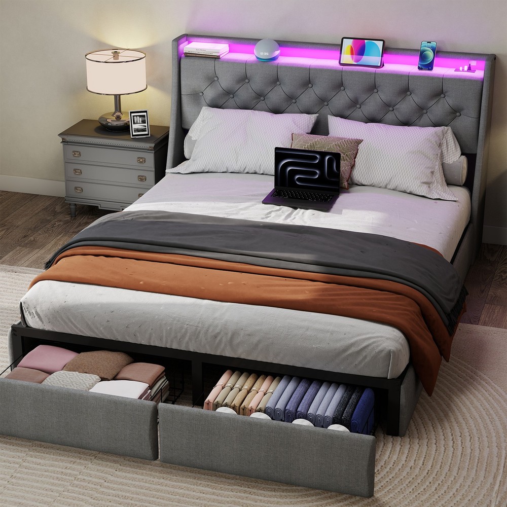 Full Size Bed Frame with Storage Headboard, RGB LED Light & USB Charging Station