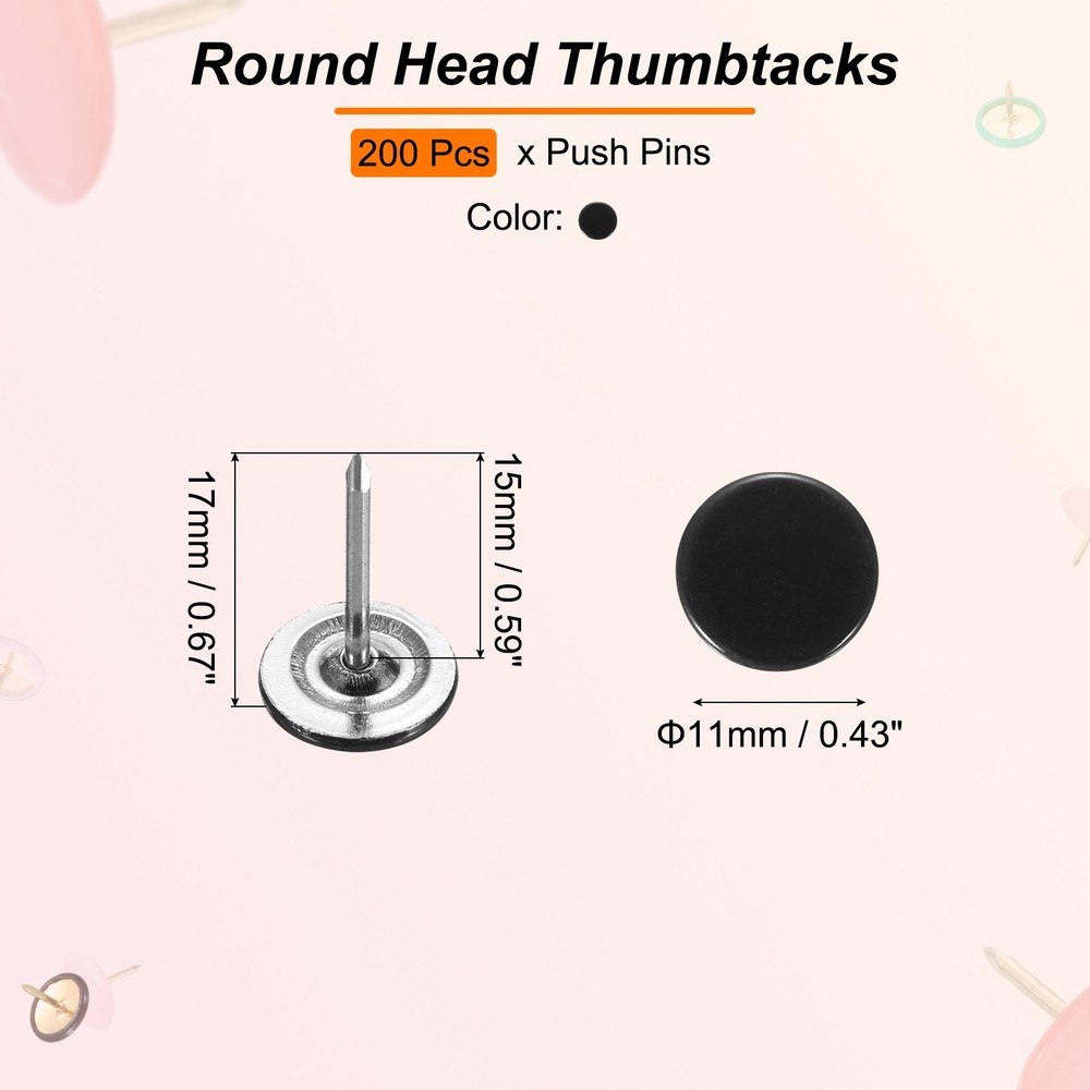 0.43 Inch Push Pins, 200 Pack Flat Round Head Push Pin, Black