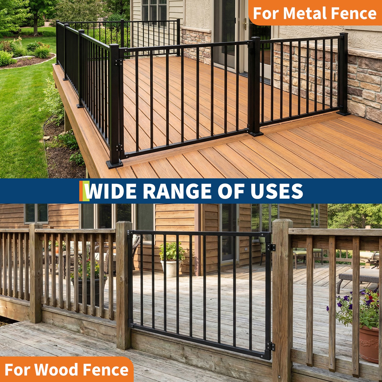 Heavy-Duty Deck Fence Gate 32.5" H x 48" W Black Metal Gate for Patio Yard Fence