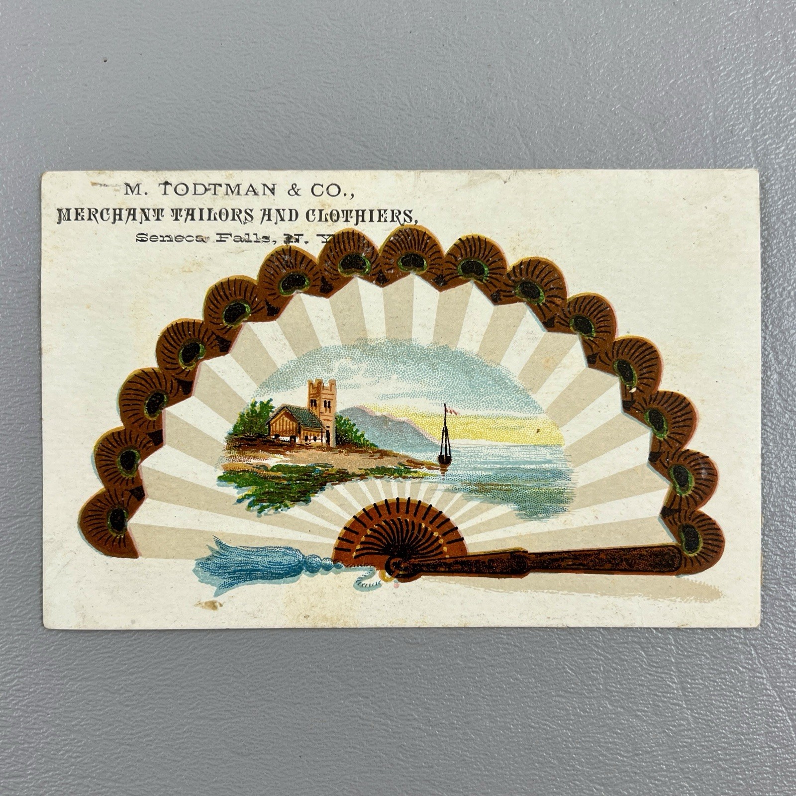 Victorian Trade Card Fan Coast Line Todtman & Co Seneca Falls NY Merchant Tailor