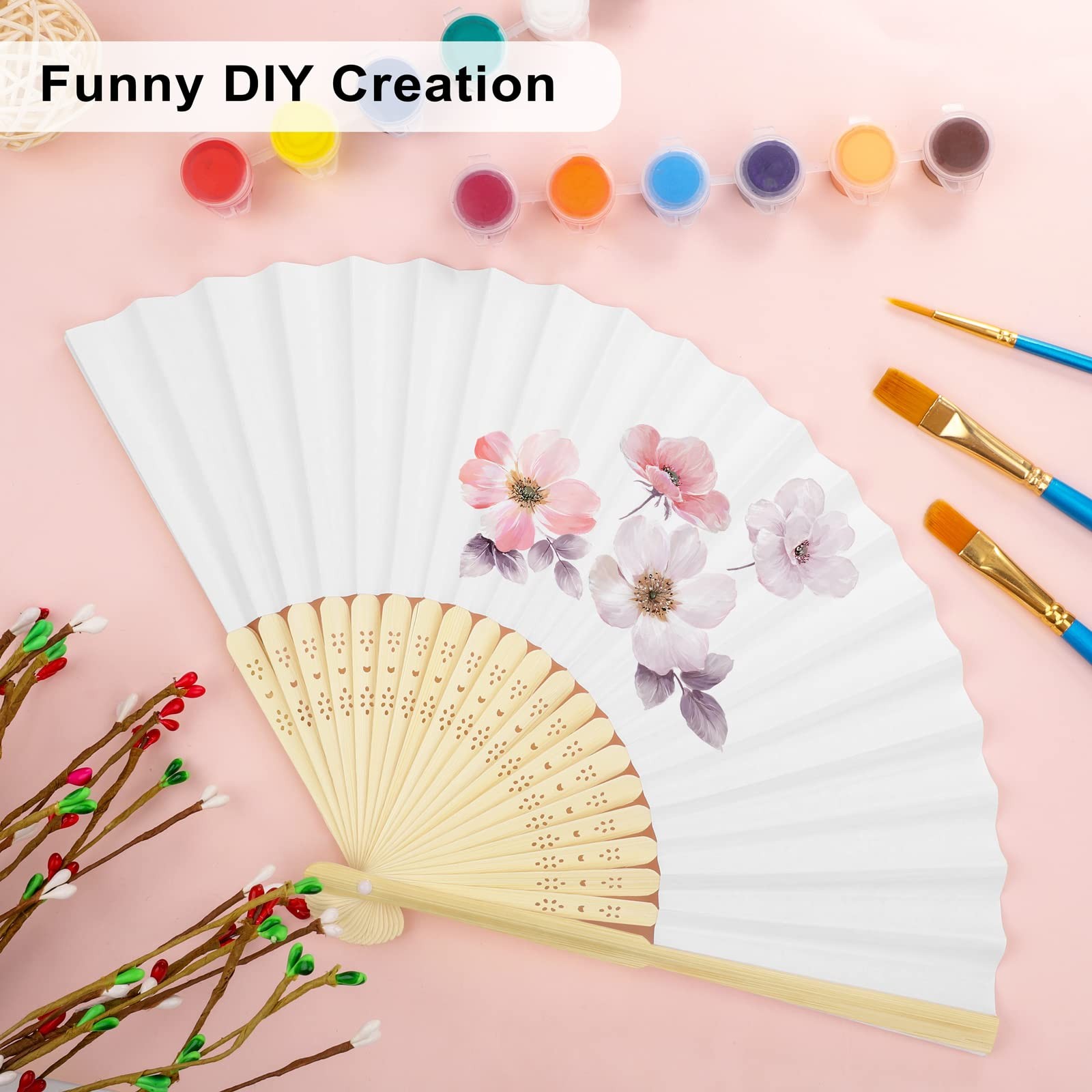 Aodaer 60 Pieces Paper Folding Fans Bamboo Handheld Folded White