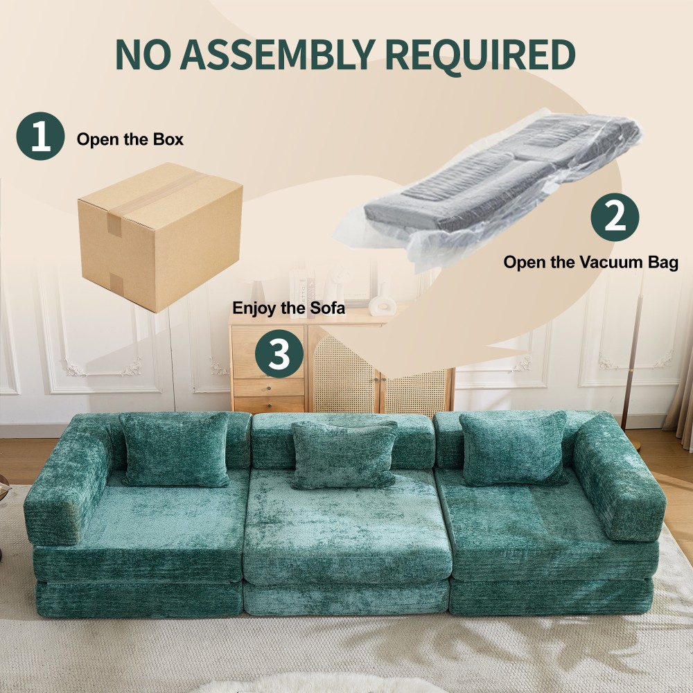 3-Seater Convertible Sofa Bed with Memory Foam, Folding Chenille Floor Sofa