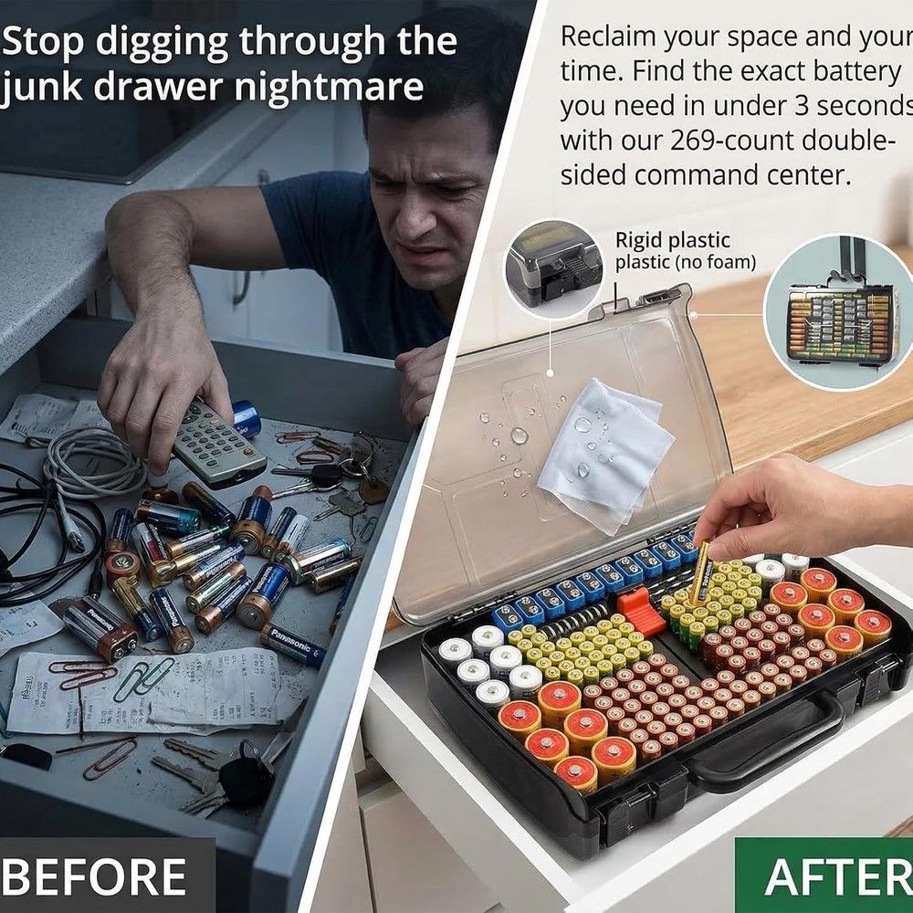 Battery Organizer Box with Tester for 269 Batteries, Grey Storage Solution
