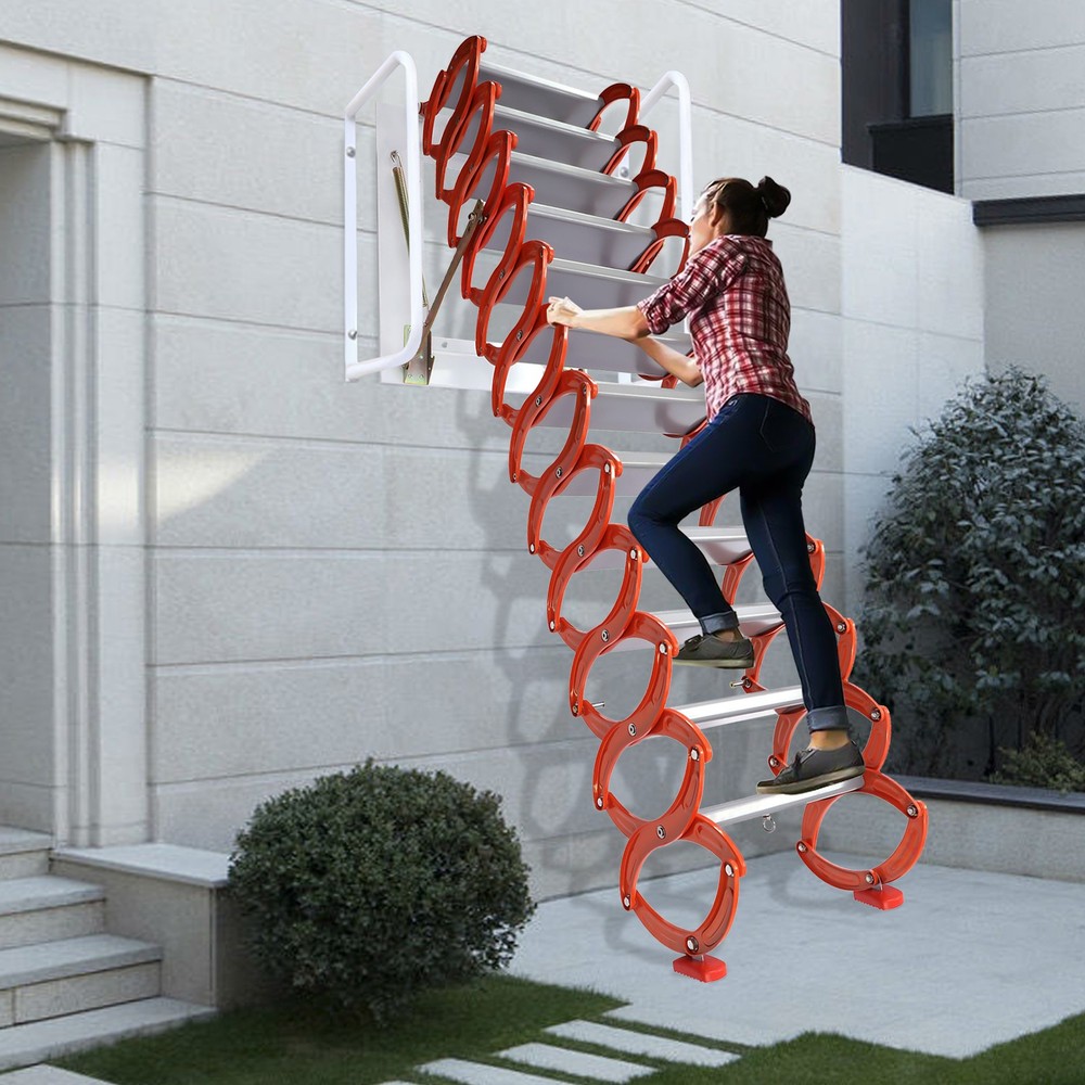 10ft Attic Ladder 12 Steps Loft Folding Ladder Pull Down Attic Stairs Wall-Mount