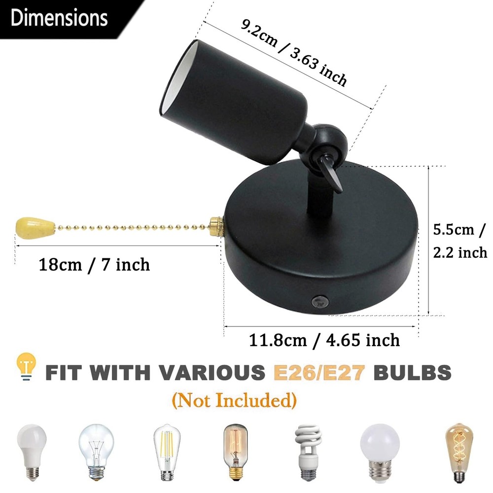 Adjustable Retro Wall Sconce Light with Pull Chain Switch Vintage Black Wall ...
