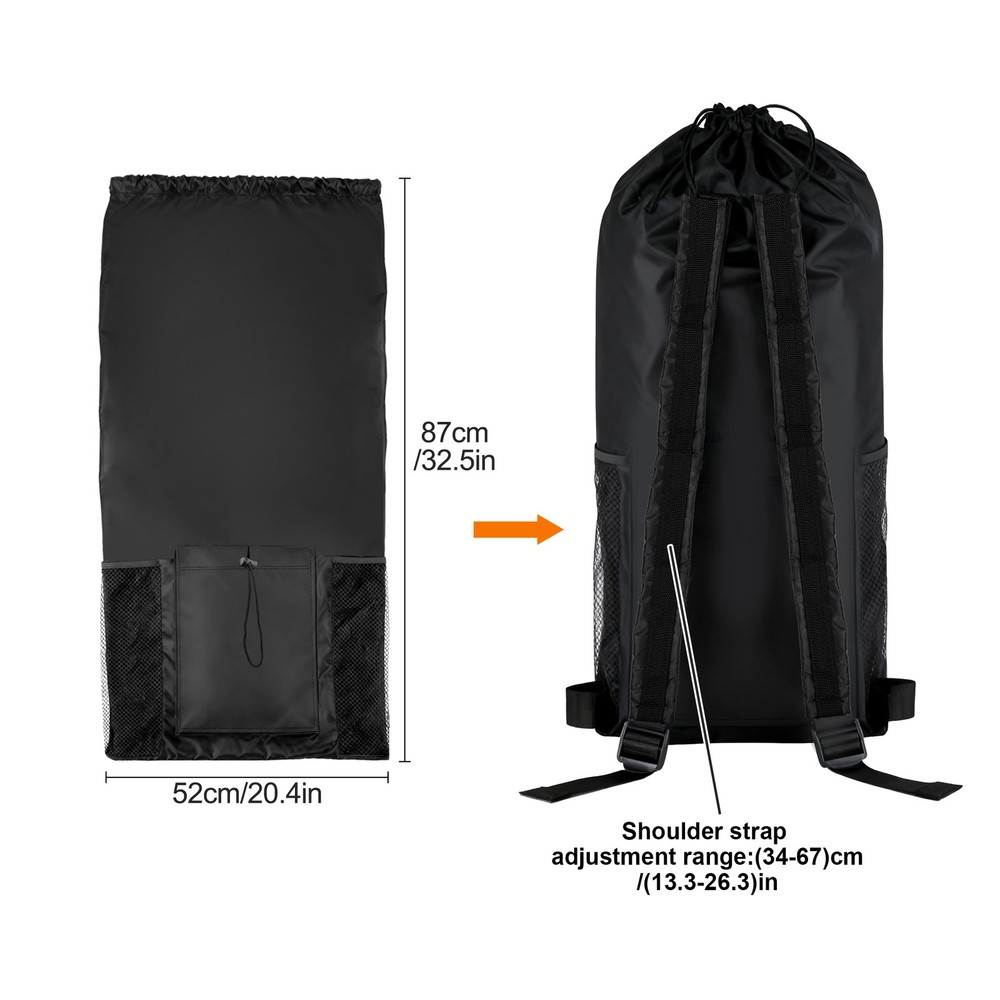 Large Laundry Backpack Bag w/ Shoulder Strap Mesh Pocket Oxford Drawstring Black