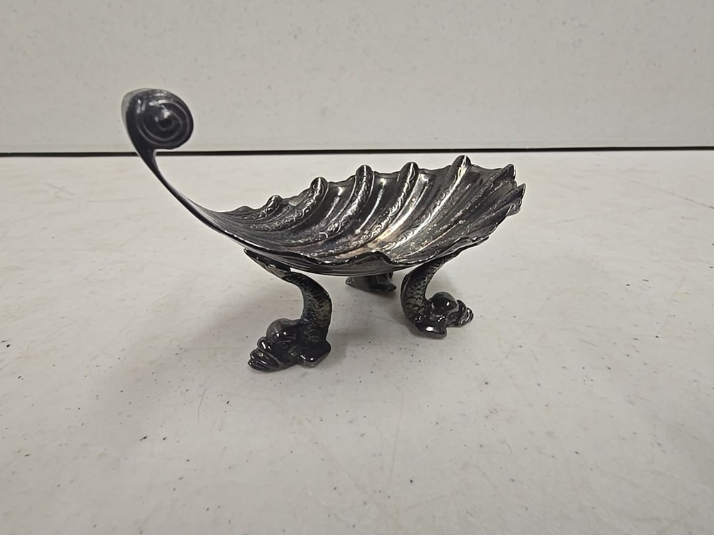 Antique Victorian Scroll Handle Dolphin Footed Silver Shell Dish Salt Dip