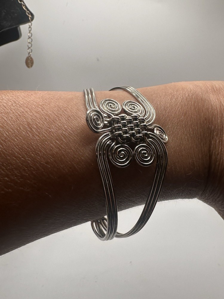 Boho Silver Tone Wire Wrapped Cuff Bracelet Artisan Scroll Modernist Statement