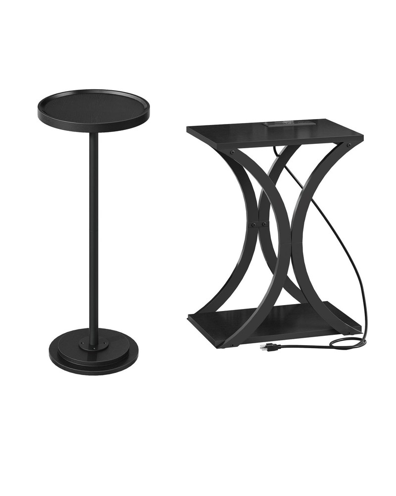 Small Round Side Table and End Table with Charging Station Bundle, Drink Tabl...