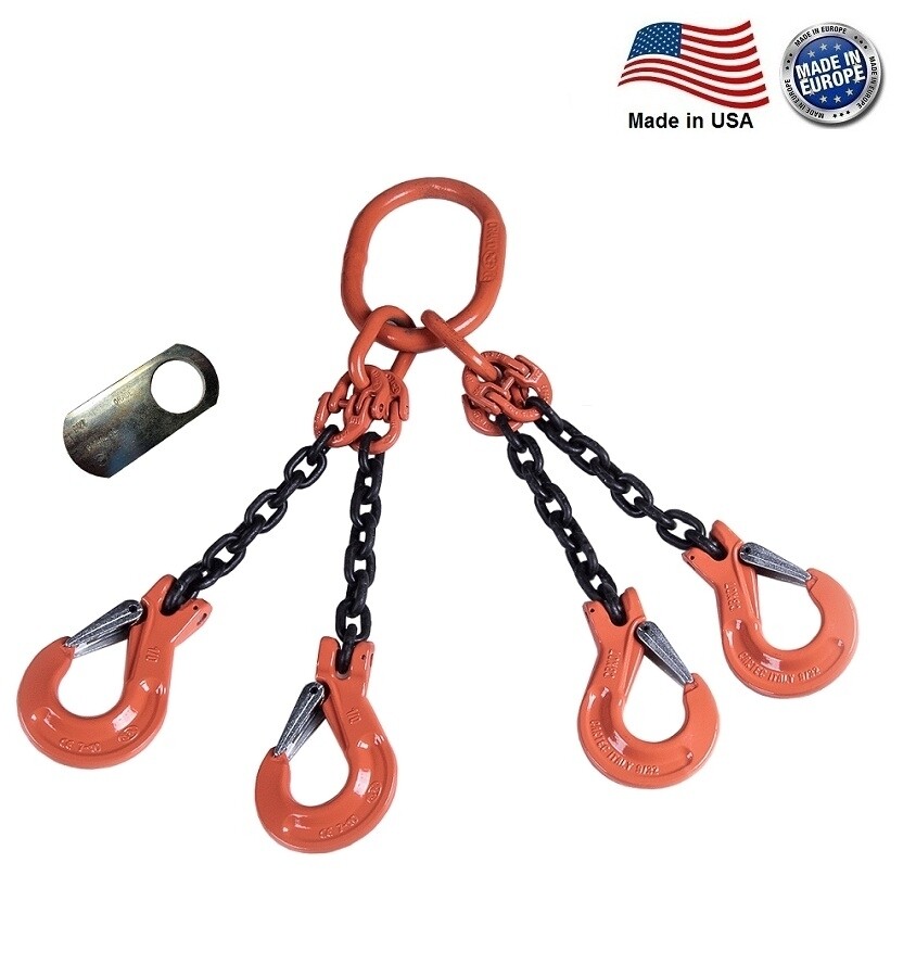 3/8" G100 Chain Sling 4-Leg Clevis Sling Hook w/Latch QOS Made in USA