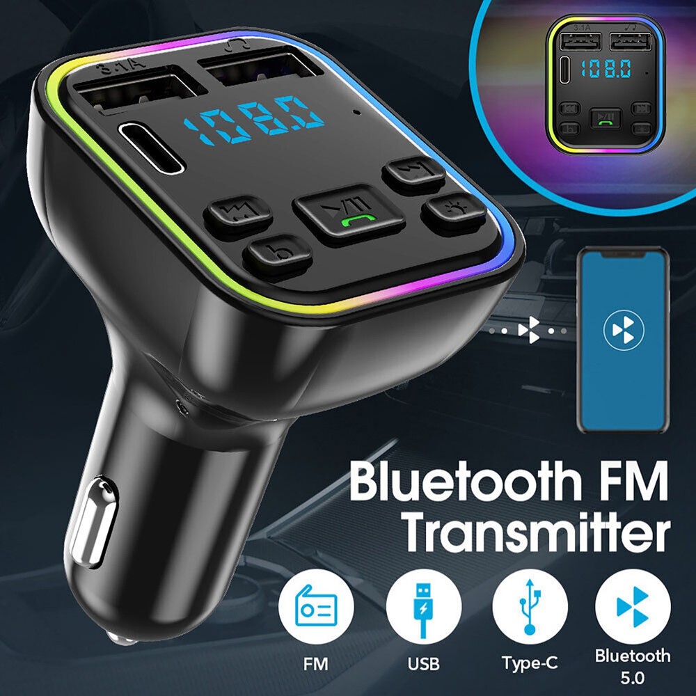 Car Bluetooth FM Transmitter Adapter PD Type-C Dual USB Fast Charger 12V-24V