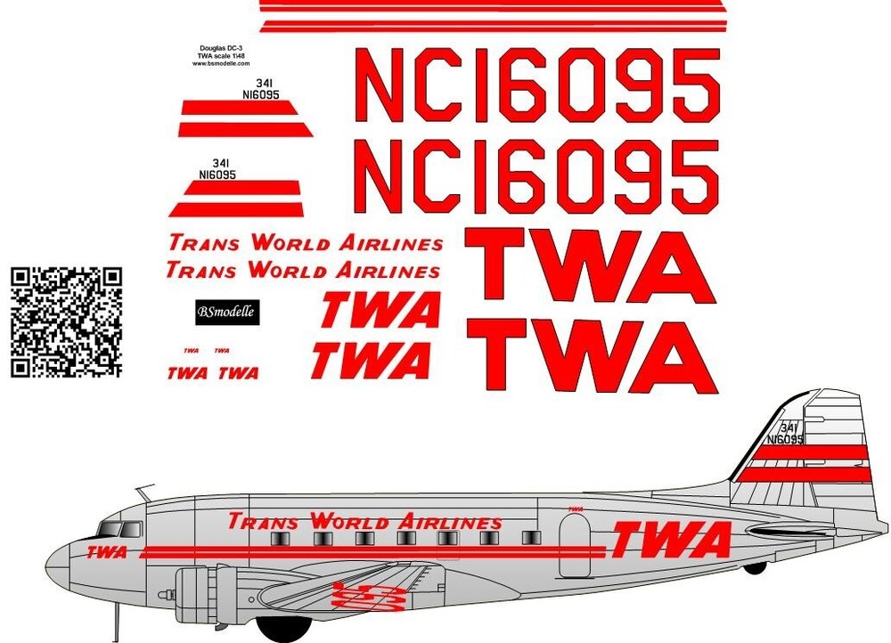 1/48 BSModelle Decals BSM480434 Douglas DC-3 TWA