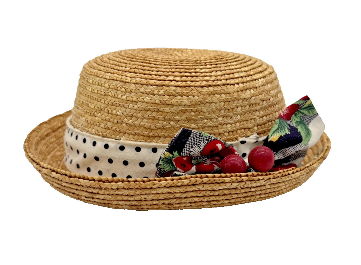 Vintage Straw Boater Hat Cherry Ribbon Polka Dot Band Flat Top Summer