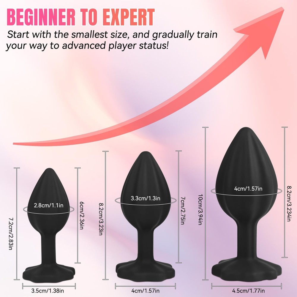 3PCS Silicone Anal Plug Training Kit Jeweled Butt Plug Set with Flared Base ...
