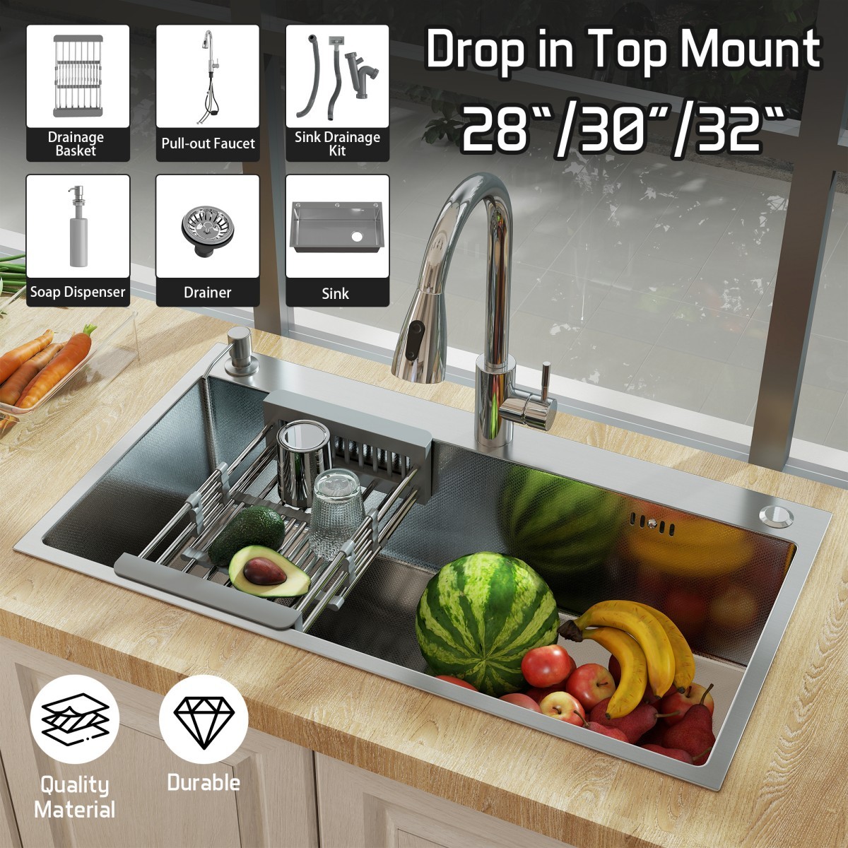 28"/30"/32" Drop In Single Bowl Kitchen Sink Stainless Steel Single Bowl Faucet