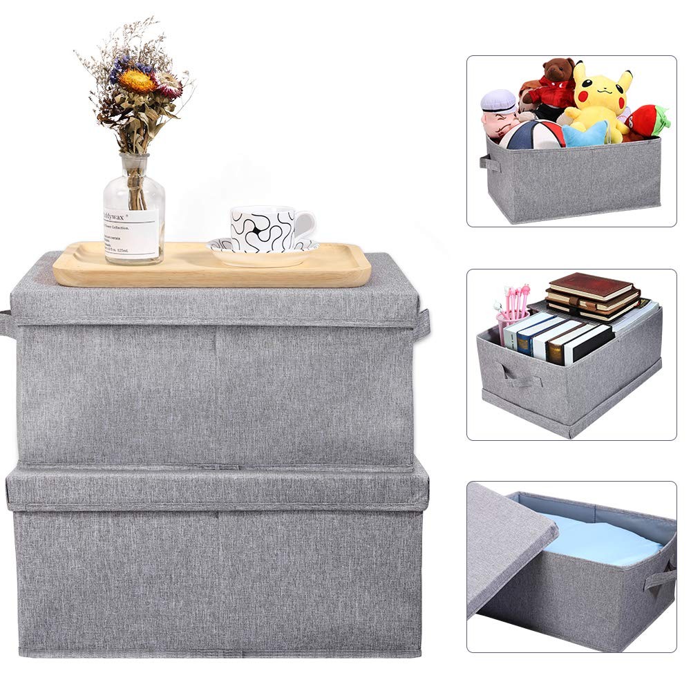 Linen Foldable Storage Bins with Lids, 2 Pack, Storage Boxes with Carrying Ha...