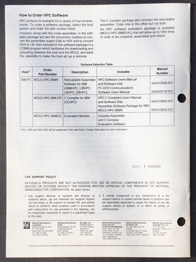 National Semiconductor - HPC Controller Software Support Package Data Sheet 1988