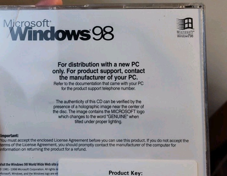 Vintage 1998 Microsoft Windows 98 Mint