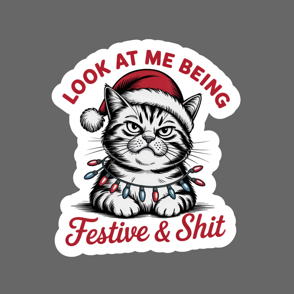 Cat sticker vinyl decal grumpy festive Christmas lights funny holiday humor