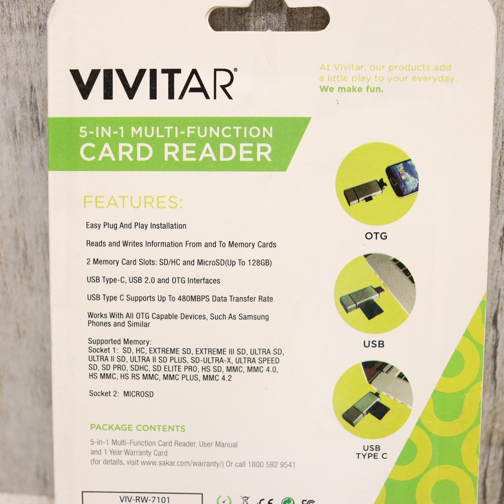 2 PK- Vivitar 5-1 Multi Function SD Card Reader 3 Interfaces PC/MAC Plug n Play