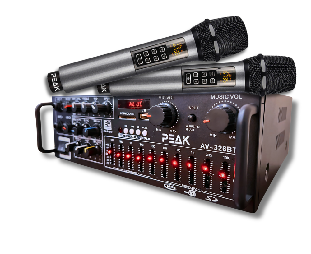 PEAK Karaoke Amplifier with Bluetooth & 2 Wireless Mics with ECHO and VOLUME