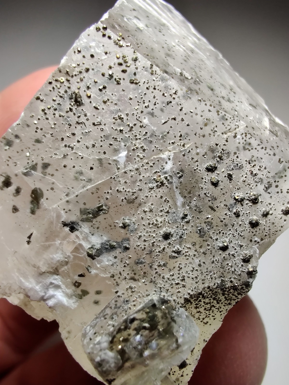 Calcite crystal with Pyrite crystals, fluorescent. Klein Quarry, Iowa. 45 grams.