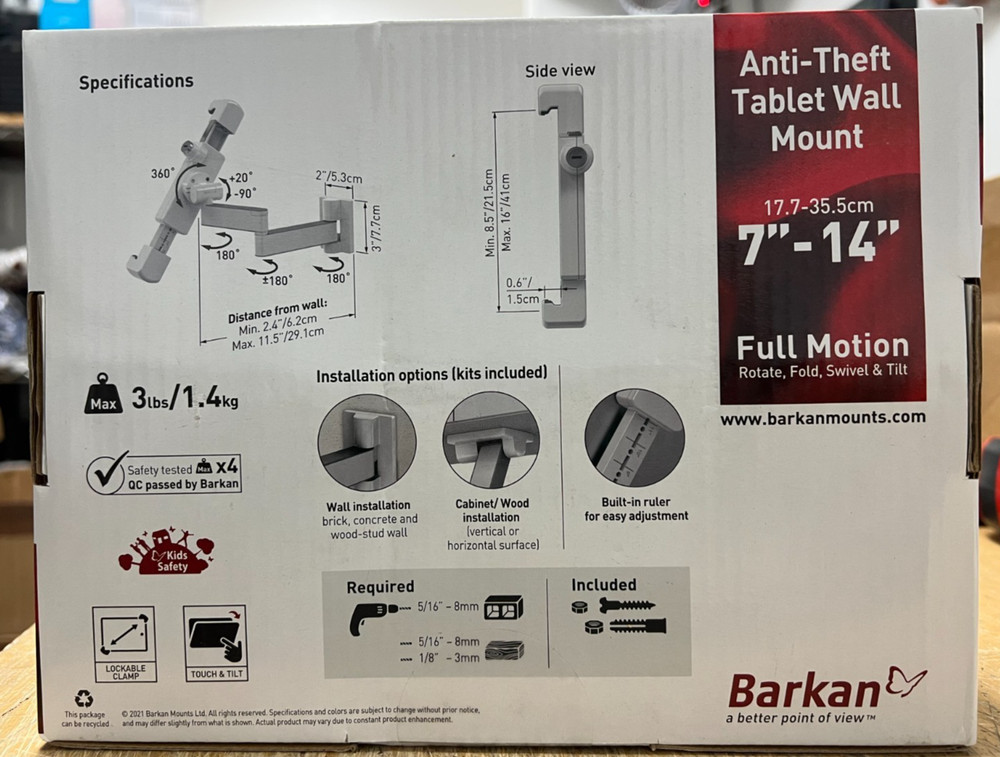 Barkan 7-14 inch Full Motion Articulating Lockable Tablet Mount Silver