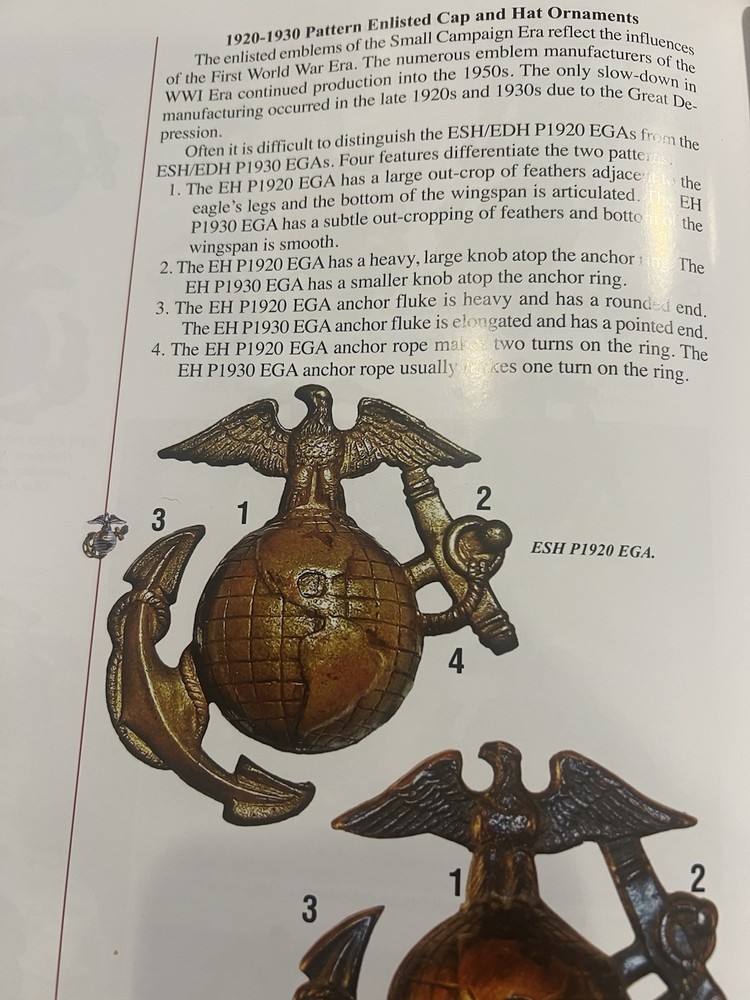 Pattern 1920 Service Enlisted Cap EGA Emblem USMC.