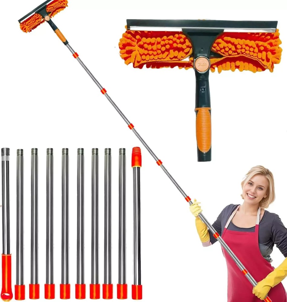 2 in 1 Squeegee Window Cleaner Window Cleaning Duster Kit with 3-14 Ft Extension