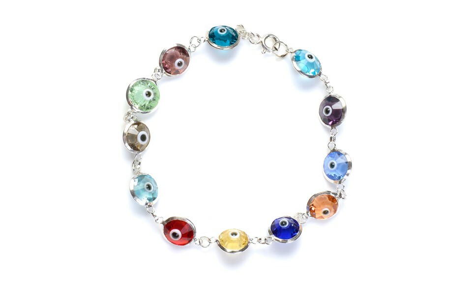 Solid 925 Sterling Silver 10MM Multi-Color Crystal Evil Eye Bracelet - 7.5"
