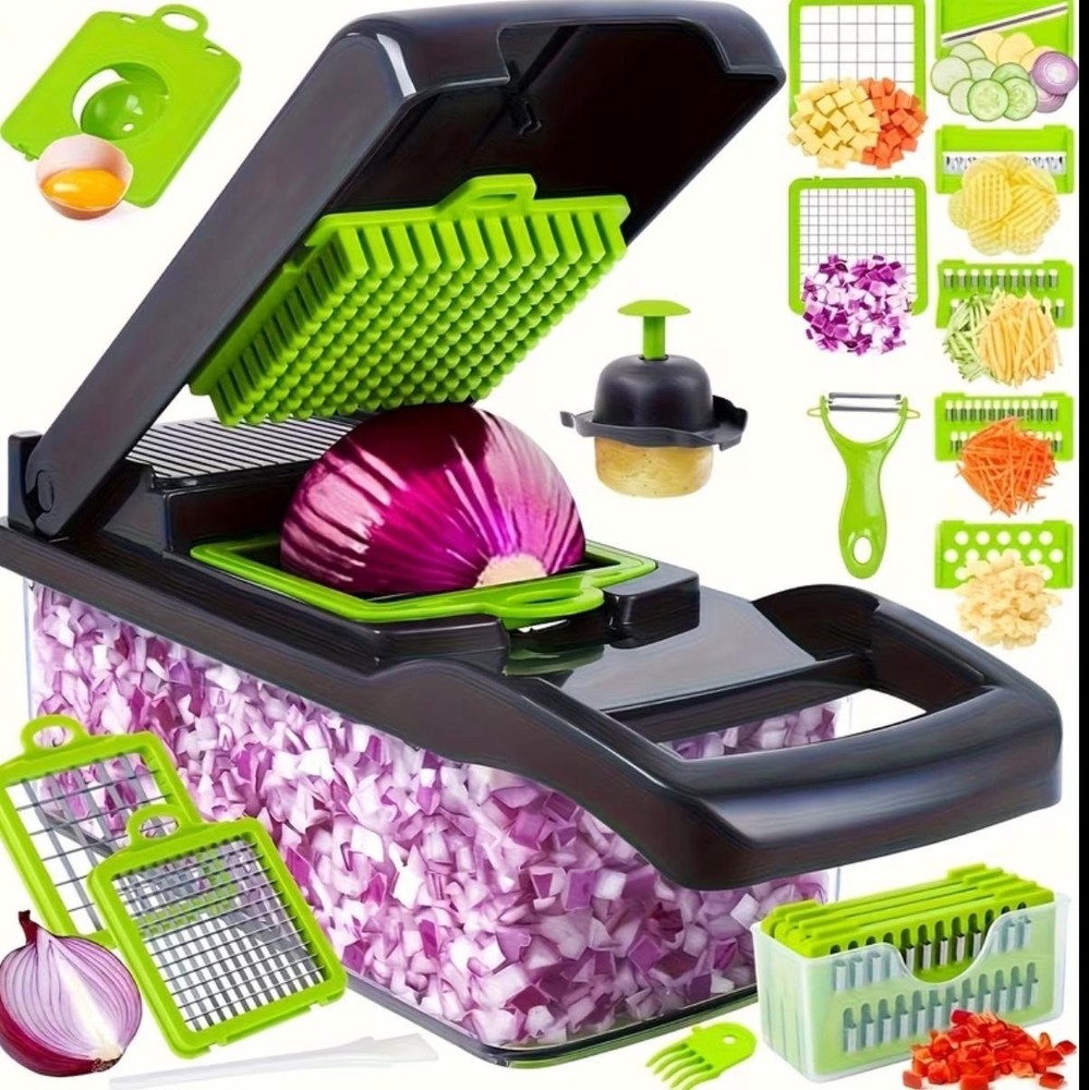 Multi-Function Push Food Chopper with Blades, Container, Green/Gray