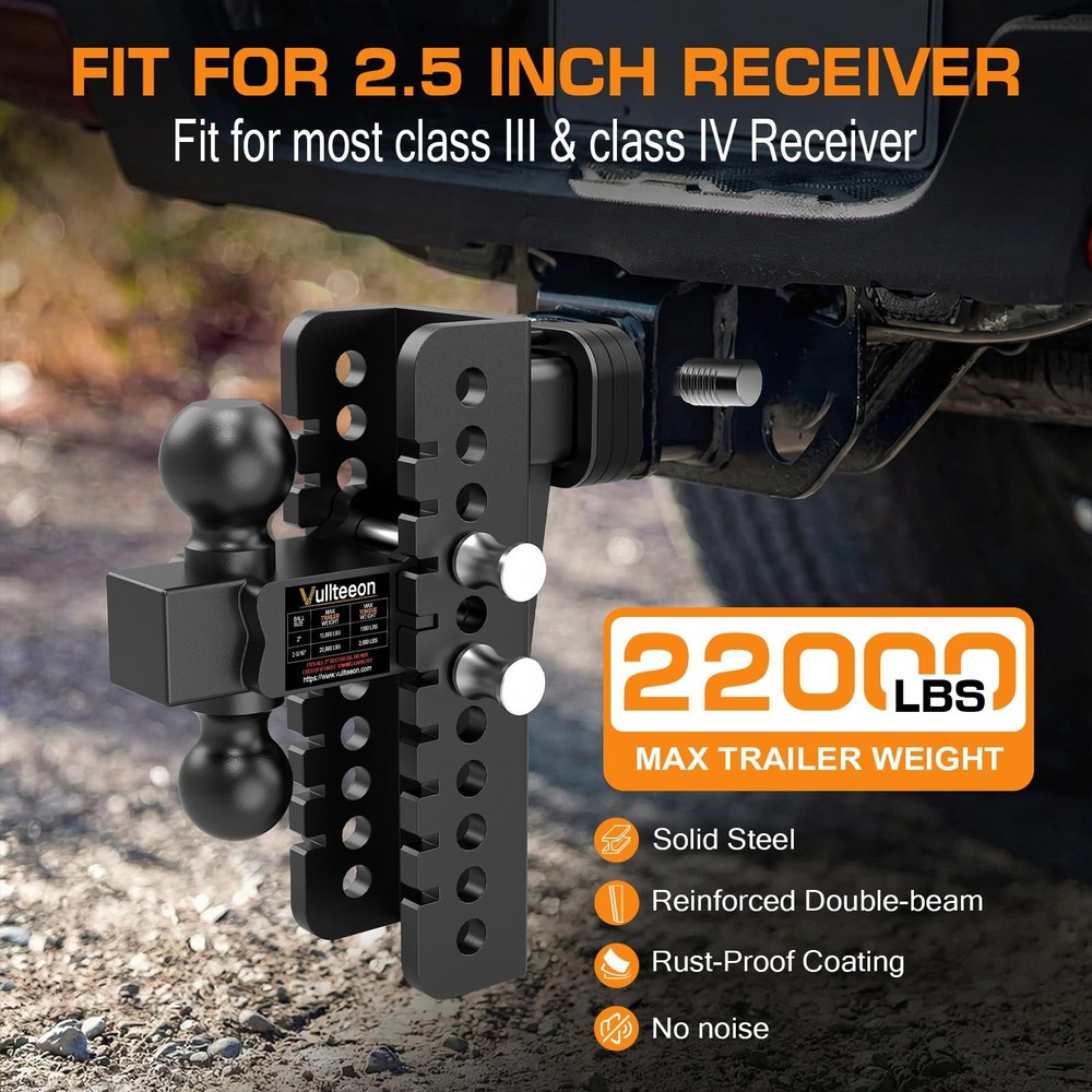 Vullteeon Adjustable Trailer Hitch - Drop for 2.5 Inch 8 inch, Black