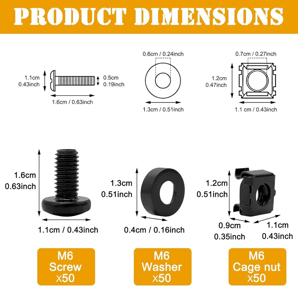 50 Pack M6 Rack Mount Cage Nuts, Screws and Washers Rack Screws Square Insert Nu
