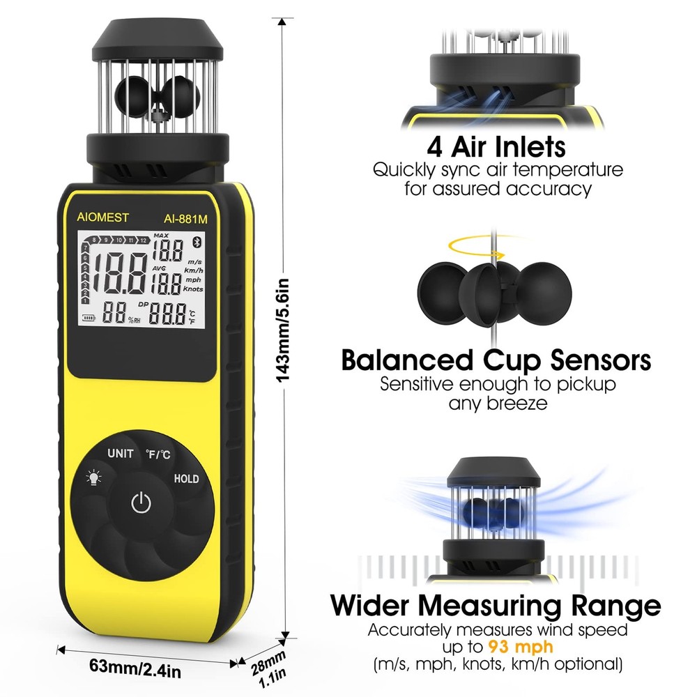 Handheld Wind Cup Anemometer with Direction, Digital Wind Speed Meter Gauge M...