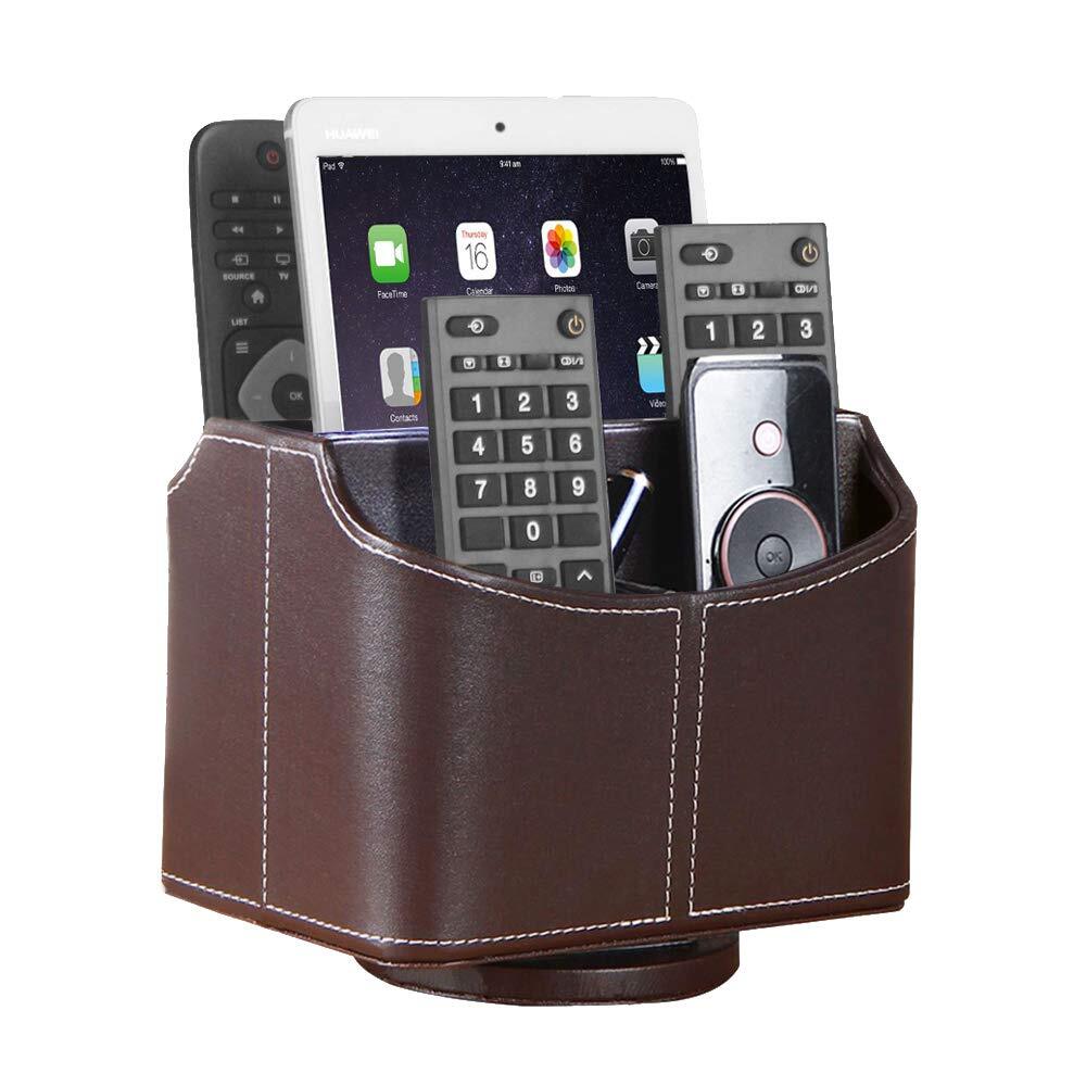 Leather Remote Control Holder, 360 Degree Spinning Desk TV Remote Caddy/Box, ...