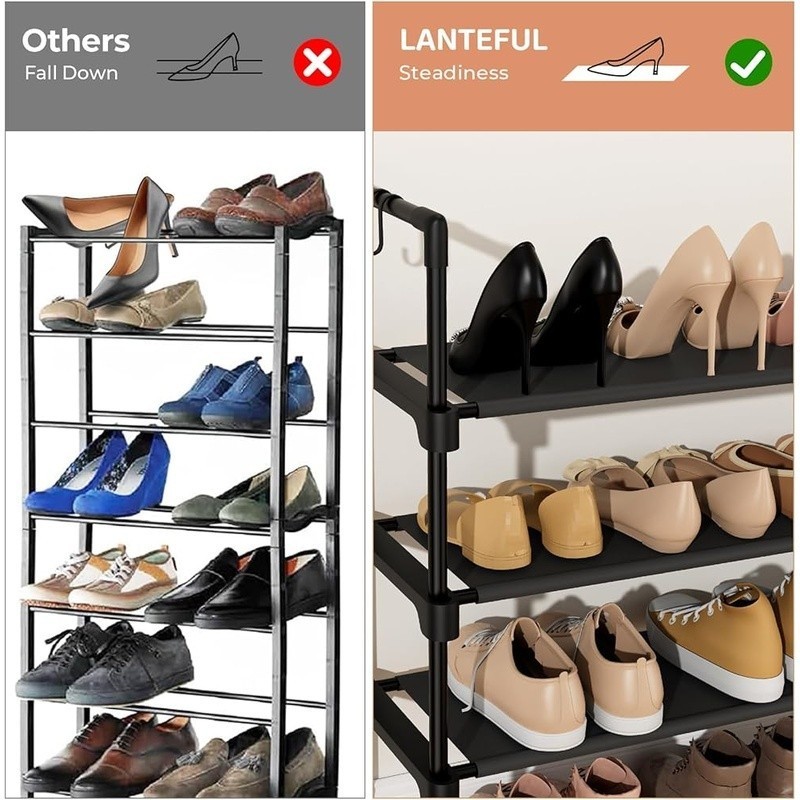 Stackable Shoe Rack 3 Tier Space Saving Organizer W/ Hooks Easy Assembly New