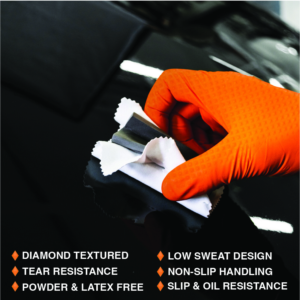 Heavy Duty Industrial Orange Nitrile Gloves with Raised Diamond Texture, 8-mil